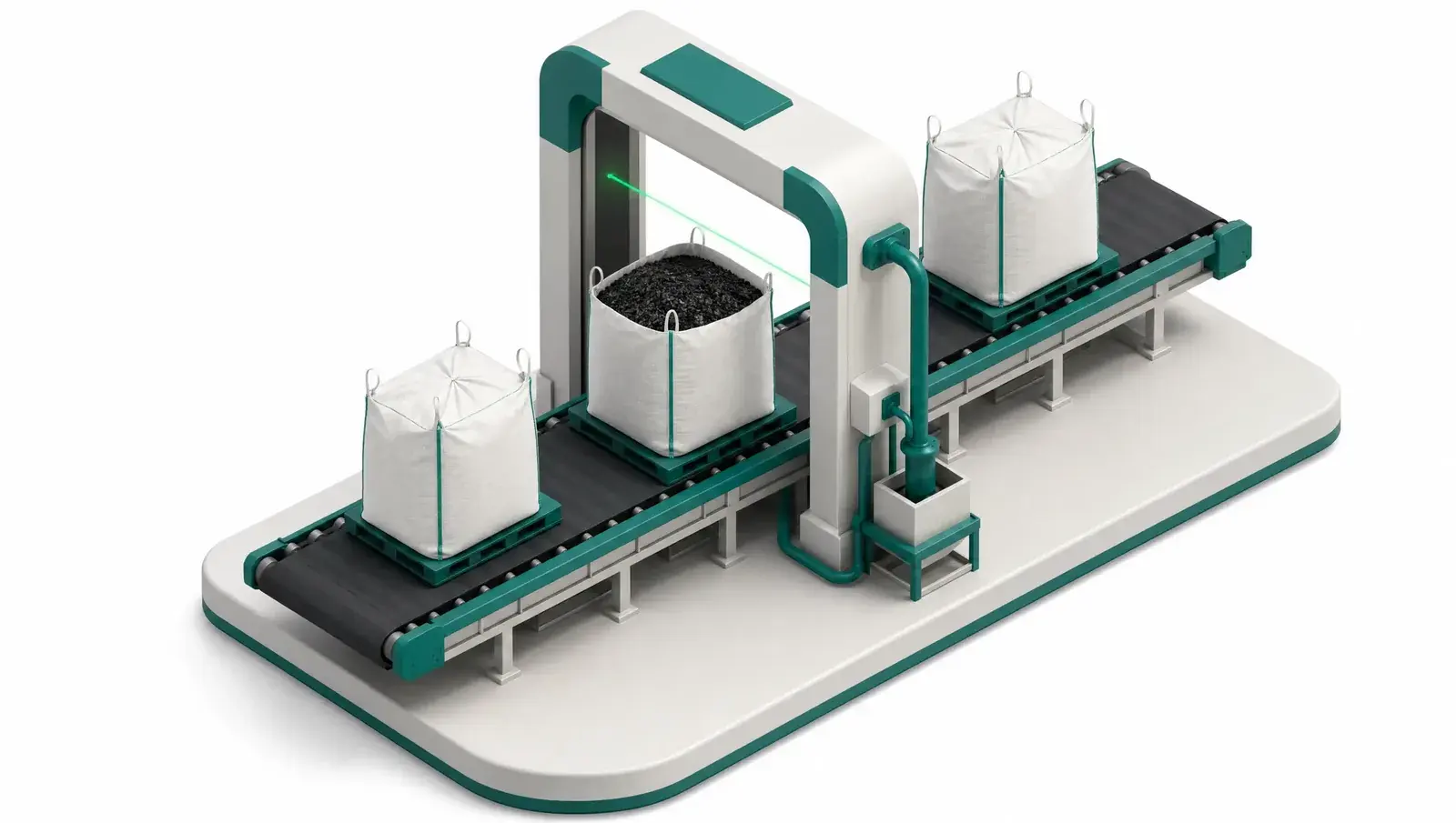Isometric illustration of big bags of biochar moving along a conveyor through a scanning gate.