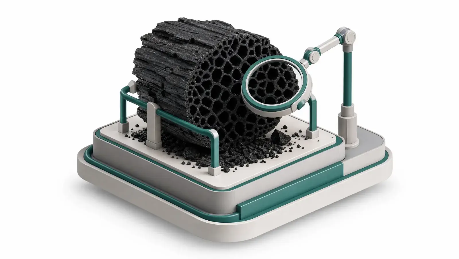 Isometric illustration of a cross-sectioned biochar chunk on a display stand, its honeycomb pore structure under a magnifying lens.