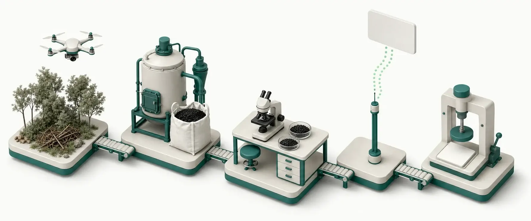 Isometric illustration of the five-stage chain: a drone surveying residue, a pyrolysis reactor, a laboratory bench, a sensor streaming to a panel, and a certification press.
